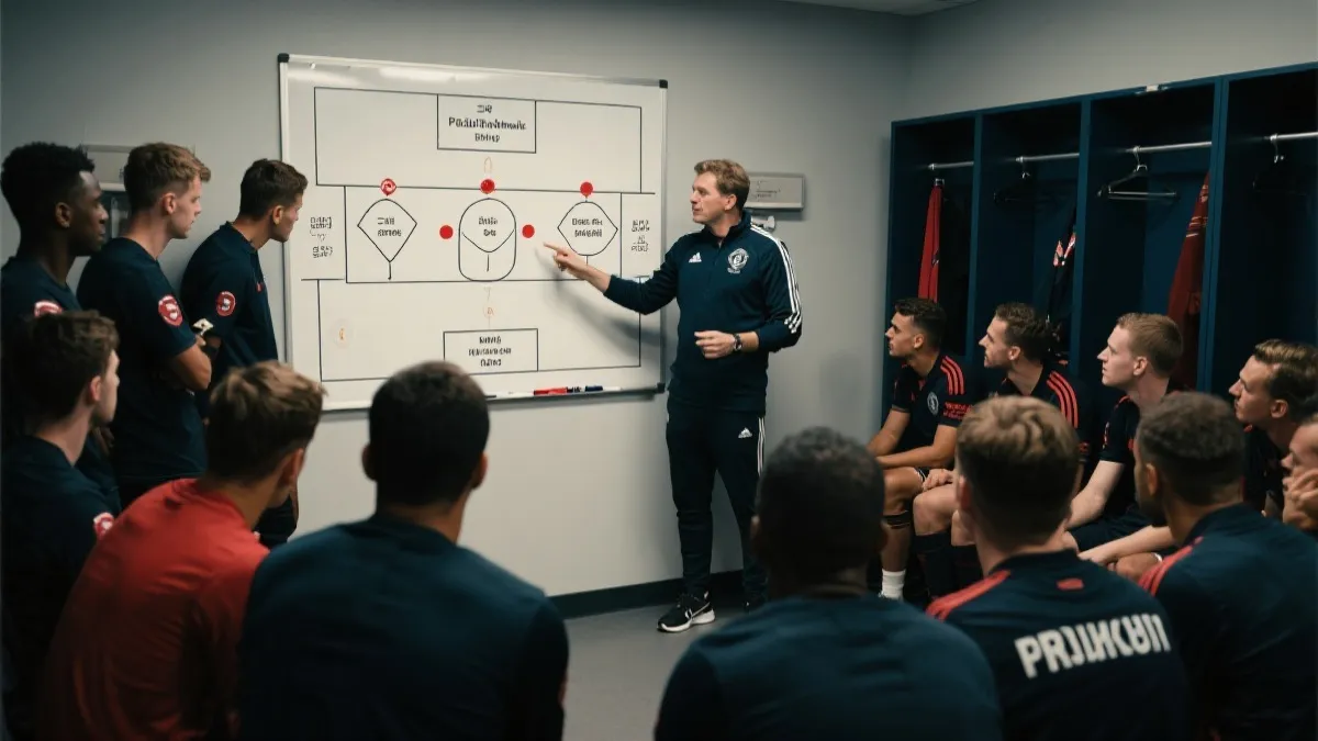 教练在战术板前讲解三中卫与压迫触发点的场景