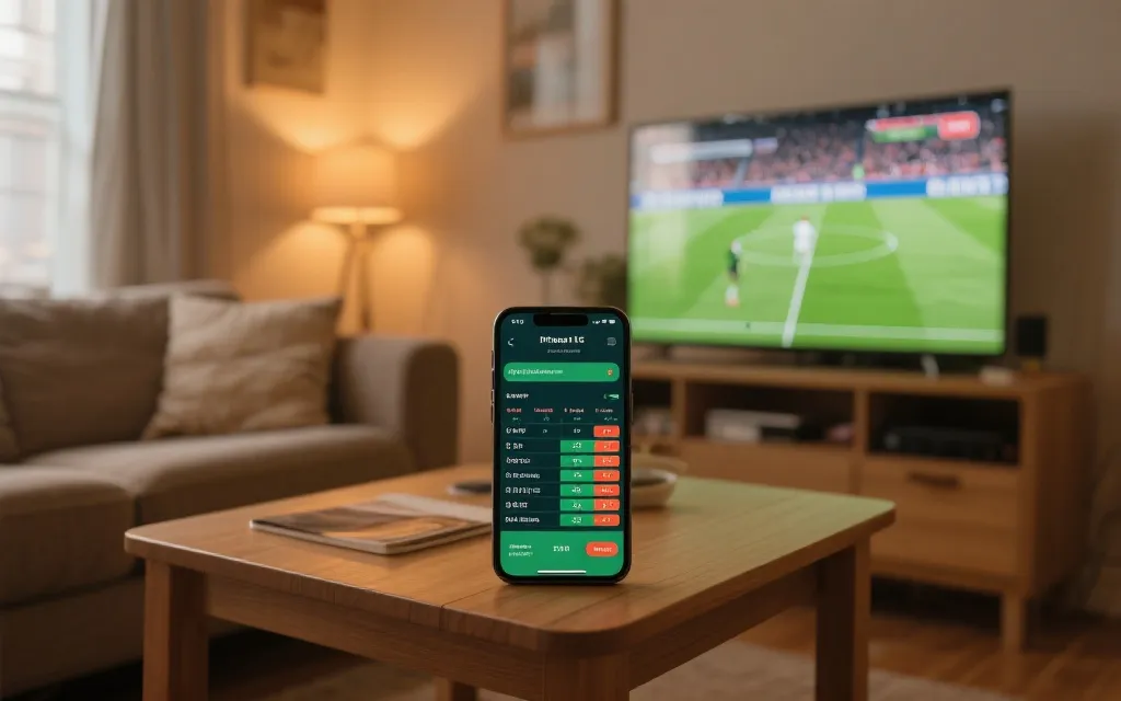客厅电视播放足球比赛，旁边放着手机显示积分榜与赛程，体现观赛与信息服务的分层